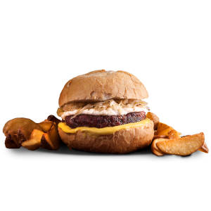 Burger de Linguiça Blumenau - Burger de linguiça Blumenau, molho de provolone, chucrute e mostarda amarela no pão crocante. Acompanha batatas rústicas e maionese da casa.