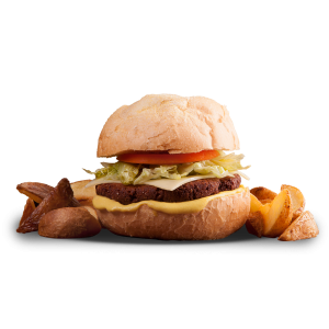 Burger Vegetariano - Burger de grão de bico, mostarda, queijo mussarela, alface e tomate, no pão crocante. Acompanha batatas rústicas e barbecue.