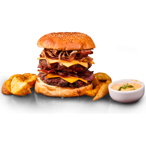 Double Bacon Burger - 2 Burgers bovinos, queijo cheddar, fatias de bacon, cebola crispy e maionese da casa no pão macio. Acompanha batatas rústicas e maionese de bacon.